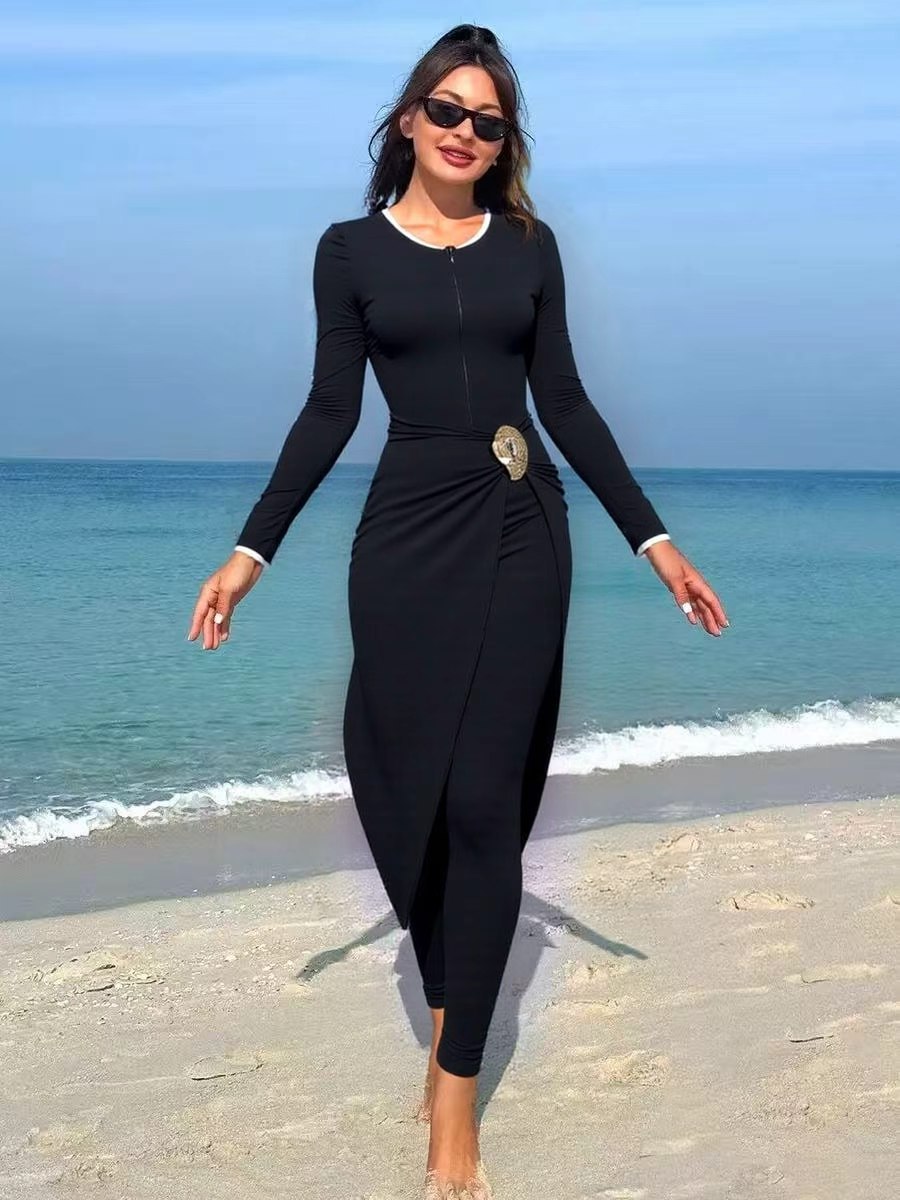 Womens Modest Long Sleeve Swimsuit Full Coverage Burkini Set with Gold Buckle